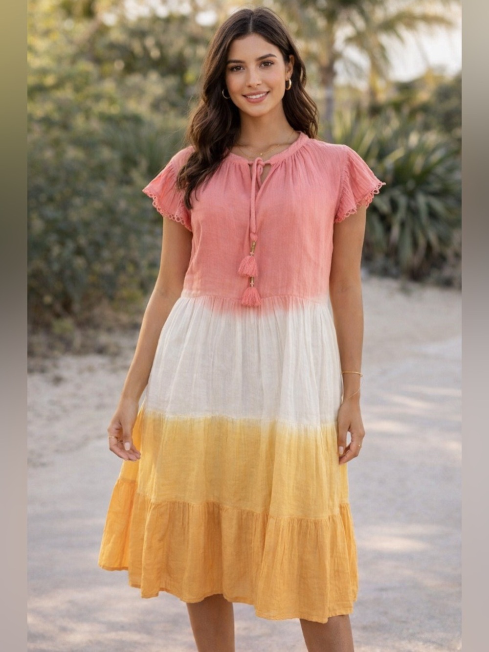 THML Medium coral pink white and yellow Abaco dip Dye dress dress